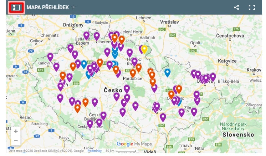 Mapa umožňuje filtrovat jednotlivé kategorie přehlídek. Zobrazit si tak můžete například jen Krajské nebo Národní přehlídky.
