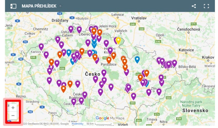 Interaktivní mapa umožňuje dva způsoby přibližování a oddalování. Tohle je jeden z nich.