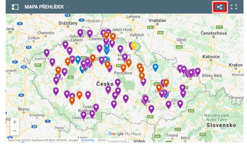 Mapu můžete sdílet svým divadelním přátelům. Do e-mailu nebo na Facebook.